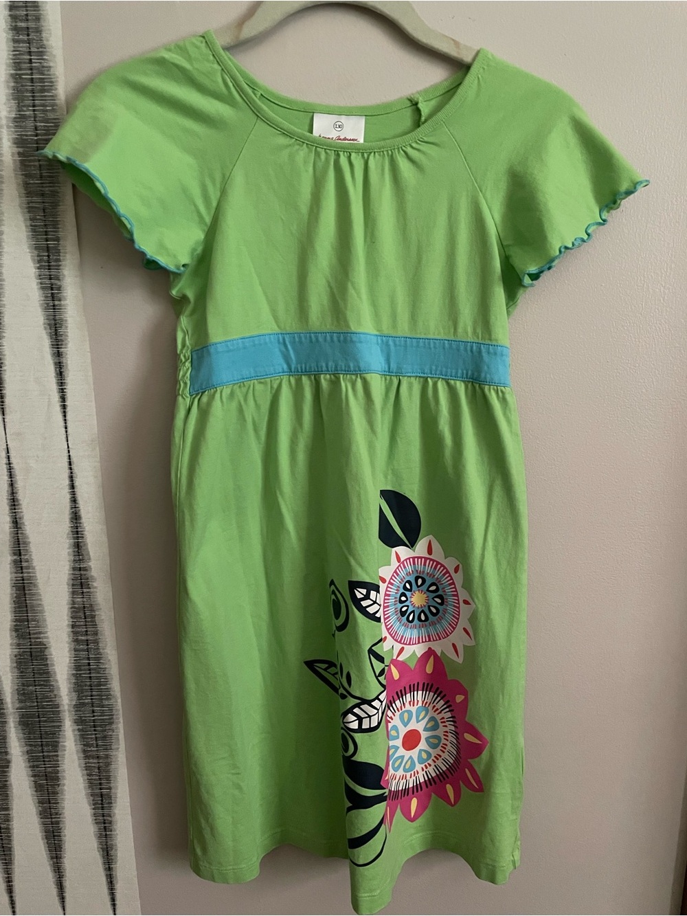 Hanna Andersson Lime Green Knit Dress with Blue Waistband and Floral Print